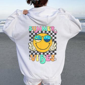 Retro Groovy Summer Vibes Smile Face Hello Summer Vacation Women Oversized Hoodie Back Print | Mazezy