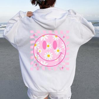 Retro Happy Smile Face Checkered Pattern Pink Daisy Flower Women Oversized Hoodie Back Print - Monsterry