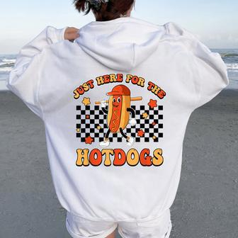 Retro Just Here For The Hotdogs Baseball Mom Sport Lover Women Oversized Hoodie Back Print - Monsterry UK