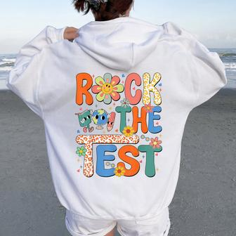 Rock The Test Testing Day Retro Groovy Teacher Student Women Oversized Hoodie Back Print | Mazezy