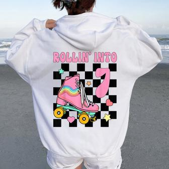 Rolling Into 7 Years Old Roller Skating Girl 7Th Birthday Women Oversized Hoodie Back Print - Seseable
