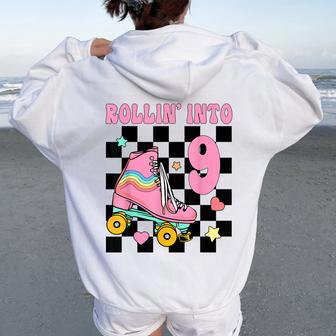 Rolling Into 9 Years Old Roller Skating Girl 9Th Birthday Women Oversized Hoodie Back Print - Thegiftio UK