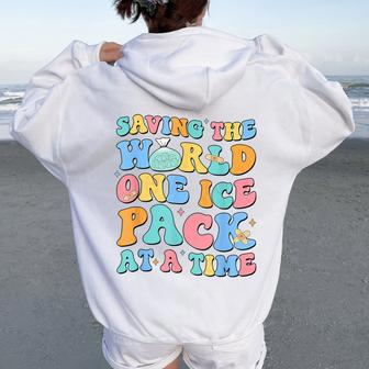 Saving The World One Ice Pack At Time Retro School Nurse Women Oversized Hoodie Back Print - Seseable