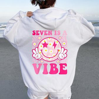 Seven Is A Vibe 7Th Birthday Groovy 7 Years Old Smile Face Women Oversized Hoodie Back Print - Seseable