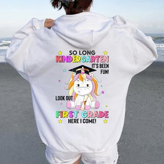 So Long Kindergarten Graduation Class 2024 Unicorn Girls Women Oversized Hoodie Back Print - Monsterry DE