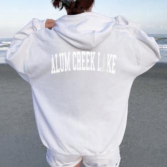 Vintage Alum Creek Lake Distressed White Varsity Style Women Oversized Hoodie Back Print - Monsterry