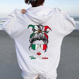 Viva Mexico Messy Bun Cinco De Mayo Mexican Girls Women Oversized Hoodie Back Print - Seseable