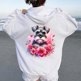 Watercolor Cute Miniature Schnauzer Dog Mom Pink Flowers Women Oversized Hoodie Back Print - Seseable