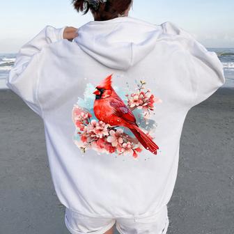 Watercolor Red Cardinal Floral Birdwatching Vintage Birding Women Oversized Hoodie Back Print - Monsterry