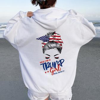 Yes I'm A Trump Girl Deal With It Messy Hair Bun Trump Women Oversized Hoodie Back Print - Thegiftio UK