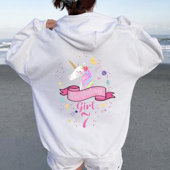 Youth 7Th Birthday Girl Unicorn 7 Year Old Birthday Girl Women Oversized Hoodie Back Print - Thegiftio UK