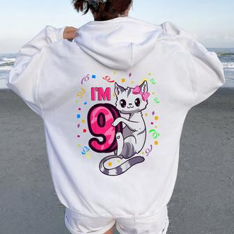 Youth Girls 9Th Birthday Outfit I'm 9 Years Old Cat Kitty Kitten Women Oversized Hoodie Back Print - Seseable