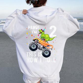 Youth T Rex Dinosaur Monster Truck 2Nd Birthday Boys And Girls Women Oversized Hoodie Back Print - Thegiftio UK