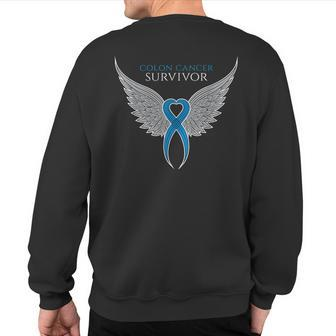 Colon Cancer Survivor Dark Blue Awareness Ribbon With Wings Sweatshirt Back Print - Monsterry