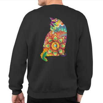 Colorful Cat Lover Feline Psychedelic Abstract Hippy Sweatshirt Back Print - Monsterry