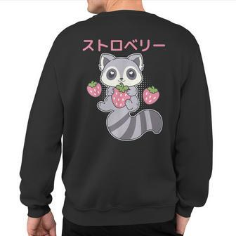 Cute Kawaii Raccoon Embrace A Big Strawberry Anime Sweatshirt Back Print - Monsterry DE