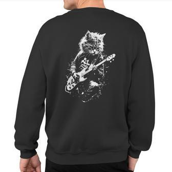 Distressed Cat Playing Guitar Punk Rock & Roll Vintage Sweatshirt Back Print - Monsterry