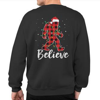 Believe Plaid Bigfoot Christmas Light Sasquatch Santa Sweatshirt Back Print - Thegiftio UK