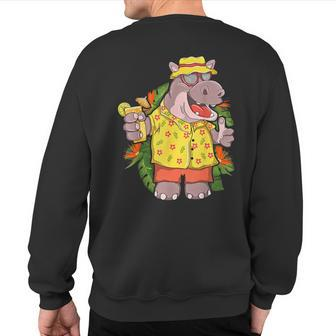 Hippo In Hawaiian Outfit And Shades Vacation Sweatshirt Back Print - Monsterry