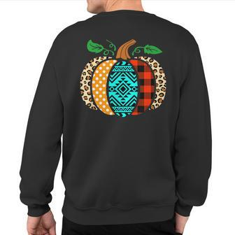 Leopard Print Pumpkin Plaid Aztec Southwest Teal Pumpkin Sweatshirt Back Print - Monsterry