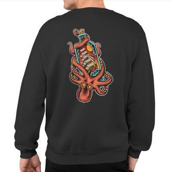 Octopus And Clipper Ship In Bottle Old School Sailor Tattoo Sweatshirt Back Print - Monsterry