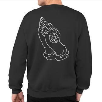 Prayer Hands Giving The Finger With Evil & Pentagram Tattoo Sweatshirt Back Print - Monsterry