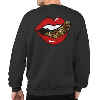 Red Lips Leopard Tongue Cheetah Print Trendy Distressed Fun Sweatshirt Back Print - Monsterry