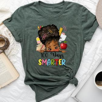 100 Days Smarter Afro Girls Messy Bun 100Th Day Of School Bella Canvas T-shirt | Mazezy
