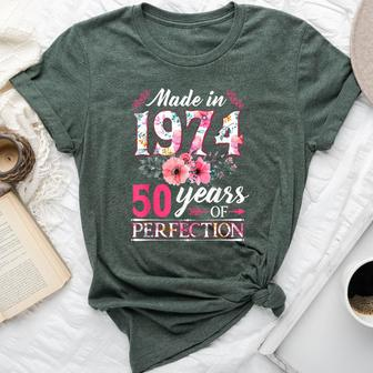 50 Year Old Made In 1974 Floral Flower 50Th Birthday Womens Bella Canvas T-shirt - Seseable