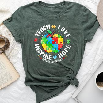 Autism Awareness Teacher Apple Teach Hope Love Inspire Bella Canvas T-shirt | Mazezy