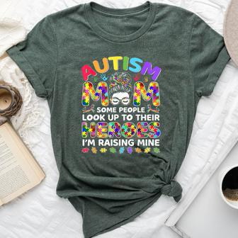 Autism Mom Raising Hero Messy Bun Autism Awareness Bella Canvas T-shirt - Seseable