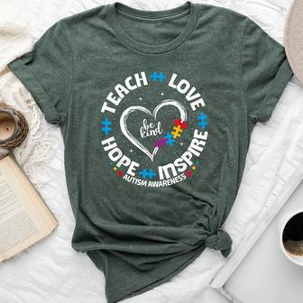 Autism Teach Love Inspire Hope Teacher Blue Autism Awareness Bella Canvas T-shirt | Mazezy