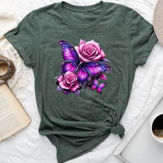 Beautiful Butterfly Purple Rose Butterfly Lovers Women Bella Canvas T-shirt - Seseable