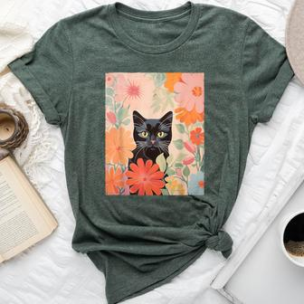 Black Cat And Flowers Cat Lover Cat Floral Cat Bella Canvas T-shirt | Mazezy AU