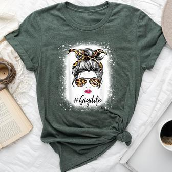 Bleached Gigi Life Messy Hair Bun Leopard Print Women Bella Canvas T-shirt - Thegiftio UK
