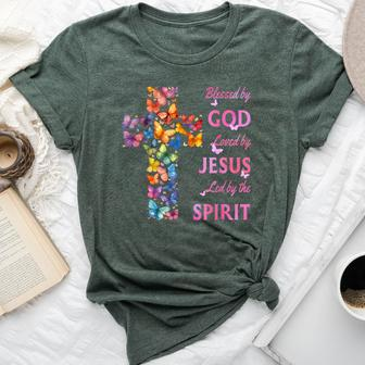Blessed By God Loved By Jesus Butterfly Cross Bella Canvas T-shirt - Seseable