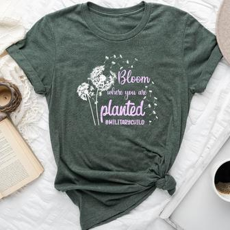 Bloom Where You Are Planted Dandelion Purple Up Military Kid Bella Canvas T-shirt - Seseable
