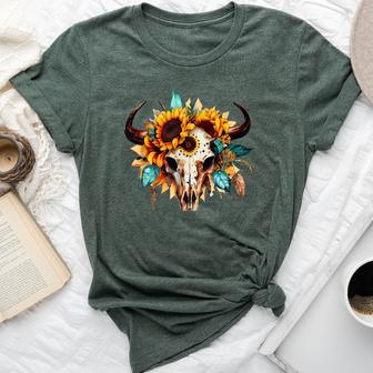 Boho Cow Skull Sunflower Vintage Western Aztec Cute Cowskull Bella Canvas T-shirt - Thegiftio UK