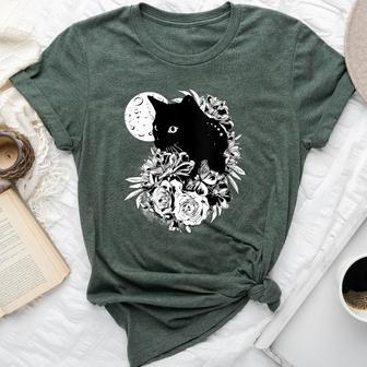 Cat Moon Night Flowers Black Cats Lovers Bella Canvas T-shirt - Monsterry AU
