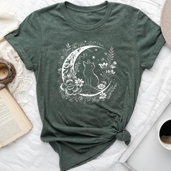 Cat Sitting On Crescent Moon Flowers Stars Drawing Women Bella Canvas T-shirt - Monsterry DE