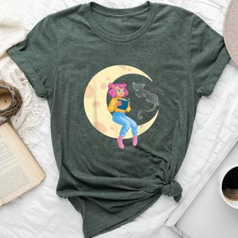 Celestial Cat And Girl Reading Book Read Moon Bella Canvas T-shirt - Monsterry UK