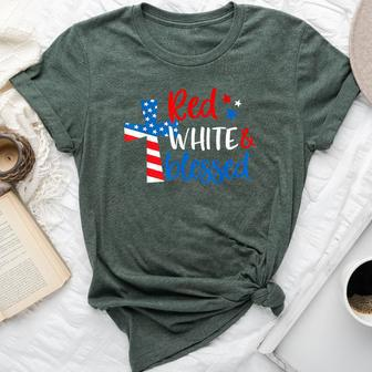 Christian Cross Red White & Blessed 4Th Of July Women Bella Canvas T-shirt - Monsterry UK
