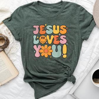 Christian Jesus Loves You Groovy Vintage Cute Kid Girl Women Bella Canvas T-shirt | Mazezy CA
