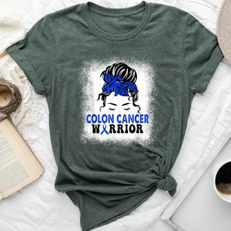 Colon Cancer Awareness Colorectal Cancer Messy Bun Bella Canvas T-shirt - Seseable