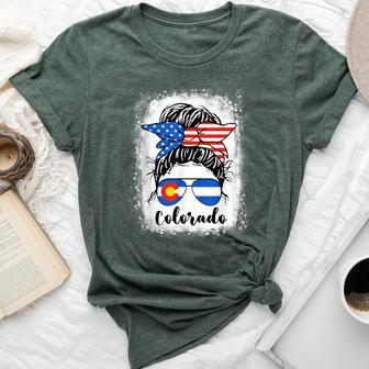 Colorado State Flag Sunglasses Mom Messy Bun Hair Girl Bella Canvas T-shirt | Mazezy