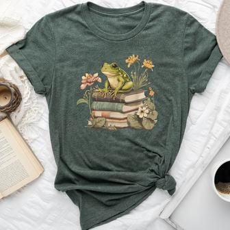 Cottagecore Aesthetic Frog Reading Book Mushroom Lover Bella Canvas T-shirt - Monsterry UK