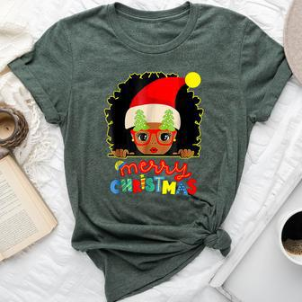 Cute Afro Black Girl Glasses Santa Melanin Merry Christmas Bella Canvas T-shirt - Seseable