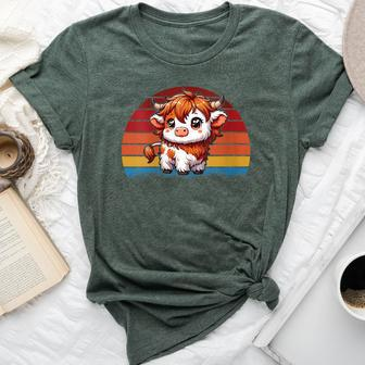Cute Baby Highland Cow With Vintage Sunset Animal Cow Women Bella Canvas T-shirt - Monsterry
