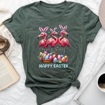 Cute Flamingo With Easter Bunny Egg Basket Happy Easter Bella Canvas T-shirt - Seseable