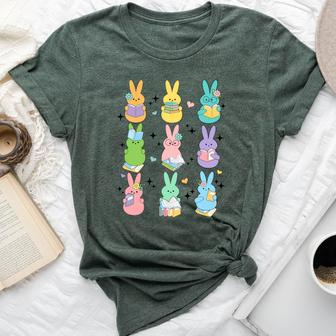 Cute Teacher Bunny Reading Book Outfit Happy Easter Teacher Bella Canvas T-shirt | Mazezy